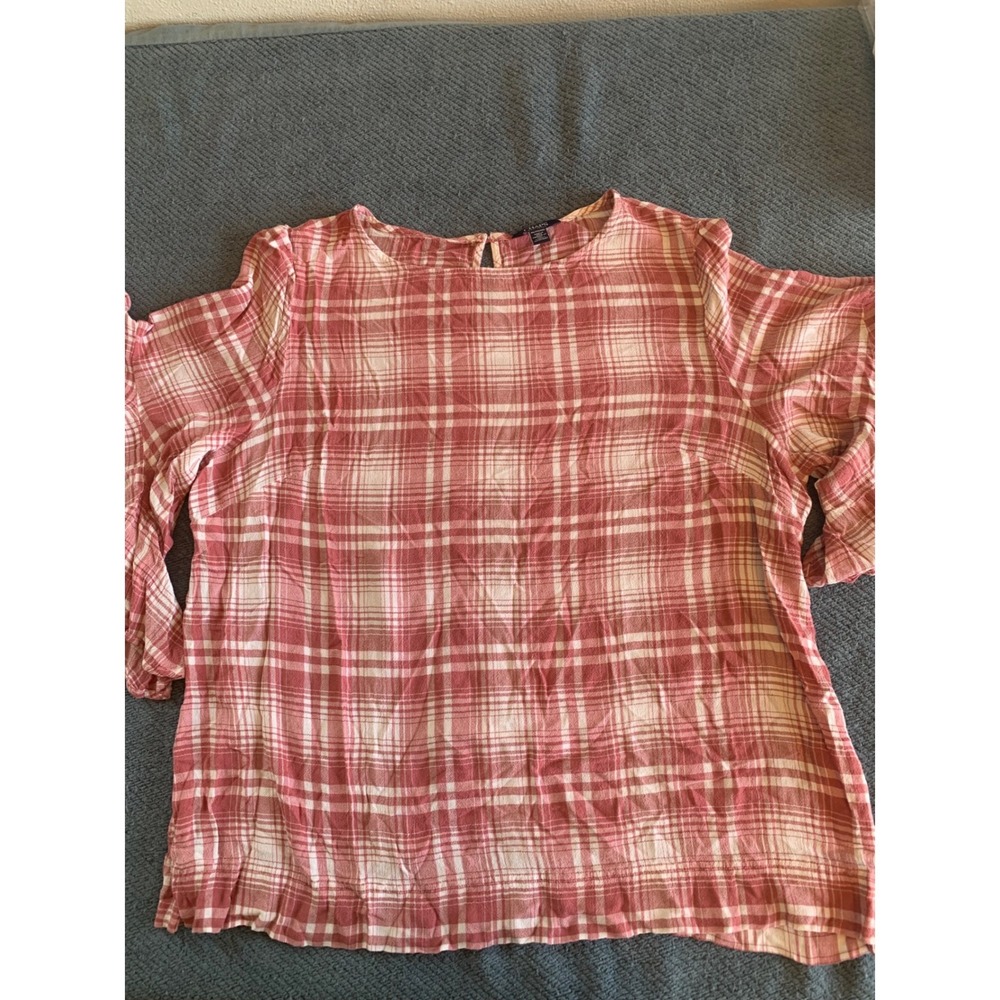 Chaps Womens XXL Pink Plaid Ruffle Sleeve Viscose Blouse Round Neck Top